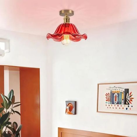Plafonnier Retro en Verre 25cm,Moderne Lampe de Plafond Industriel Abat-jour Design Fleur E27 Lustre pour Salon Chambre,Rouge (1/5)