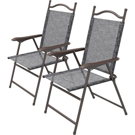 Set of Two Folding Garden Chairs, Fabric Mesh Seats - Grey (1/5)