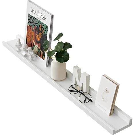 Étagère murale blanche, 70 cm - Barre de photos en chêne massif blanc - Étagère flottante pour cadres photo et décorations pour la chambre, la cuisine, le bureau (1/5)