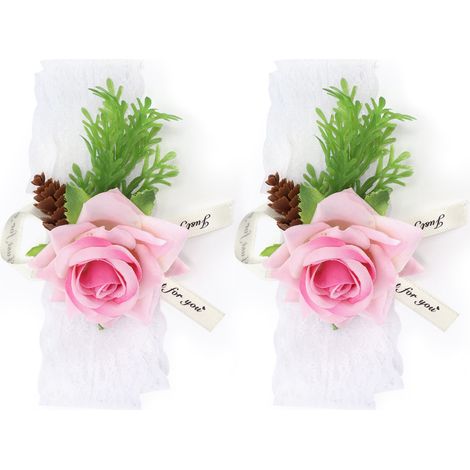 2Pcs Poignet Fleur Soie Demoiselle d'Honneur Corsage Mariage Cérémonie Décoration Rose (1/5)