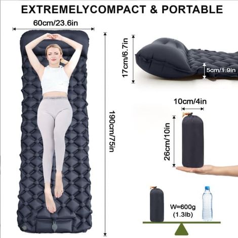 Matelas de camping autogonflant : matelas de camping une place épais et léger, qui se gonfle et se transforme en matelas deux places. Gris (1/5)