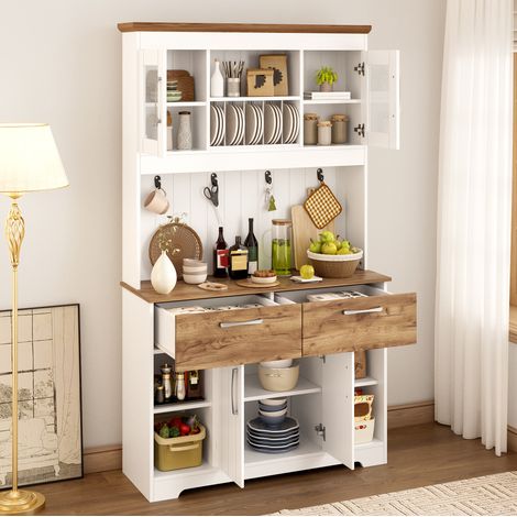 Buffet de cuisine 106x39x176.5 cm blanc et naturel en panneaux de particules avec vitrines, 2 tiroirs et crochets (1/5)