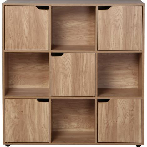 Calicosy – Meuble bibliothèque 9 cases avec 5 portes décor bois – Longueur 89cm – Hauteur 90,5cm – Largeur 29cm – 4 pieds en plastique noir (1/5)