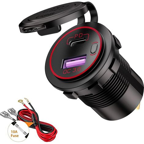 Prise Chargeur Voiture USB QC3.0 et PD Type-C avec LED Interrupteur Étanche pour 12V-24V Voitures Bateaux Moto Red (1/5)