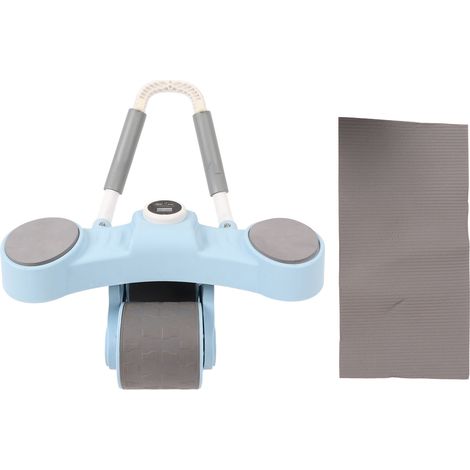 Roulette abdominale à double roue avec retour automatique, support coudes et porte-téléphone, bleue, pour hommes et femmes. (1/5)
