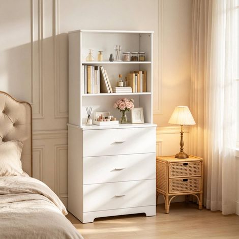 Librería moderna blanca con 3 estantes abiertos y 3 cajones 79 x 39,5 x 182,2 cm OKWISH (1/5)