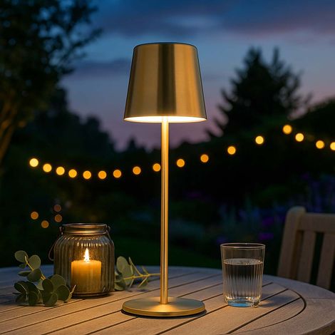 Lampada da tavolo a LED ricaricabile lampada da tavolo touch da esterno oro lampada da giardino touch dimmer USB, metallo, 2W 50Lm bianco caldo-freddo, DxH 8,5x28 cm