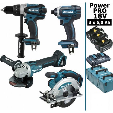 Pack Makita Power PRO 18V: Perceuse 91Nm DDF458 + Meuleuse 125mm DGA504 + Visseuse à chocs 165Nm DTD152 + Scie circulaire 165mm (1/5)