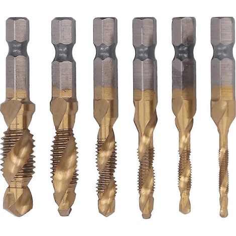 6-teiliges Kombinations-Gewindebohrer-Set mit Sechskantschaft, Spiralnutbohrer, Gewindebohrer aus HSS, Gold