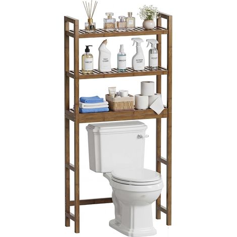 Étagère de Rangement pour Salle de Bain, Support d'organisateur de Toilette en Bambou, économiseur d'espace de Toilette autoportant avec étagères réglables à 3 Niveaux (Noyer) (1/5)
