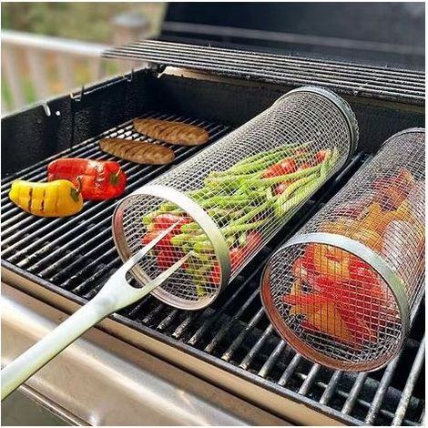 Panier de grillade en acier inoxydable – 2 pièces, diamètre 20 cm, maille fine, tambour rotatif portable pour barbecue (1/5)