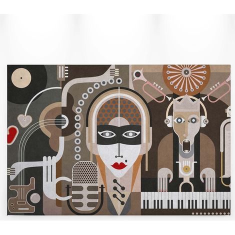 Tableau géométrique original jazz | Tableau sur toile original jazz pour chambre adulte | Tableau rétro marron & gris bureau 0,9 x 0,6 m (1/5)