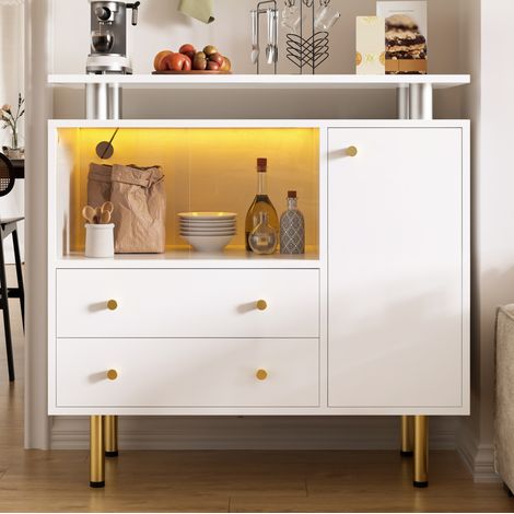 Aparador LED con 2 puertas correderas de cristal, 2 cajones y 1 puerta, blanco HAVRYA (1/5)