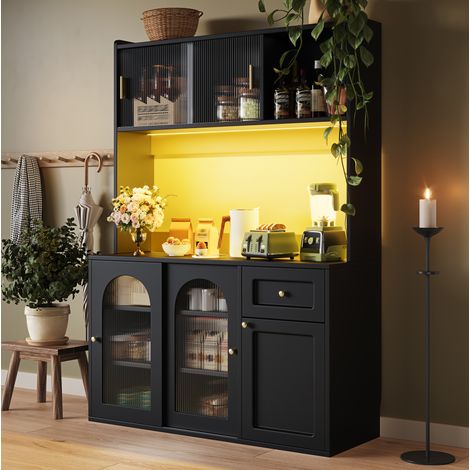Mueble de cocina alto 120 x 35 x 167 cm con LED, estantes regulables, negro HAVRYA (1/5)