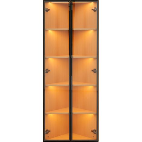 Eckvitrine aus MDF in Eichenoptik mit LED und gehärtetem Glas, 62 x 35 x 160 cm (1/5)