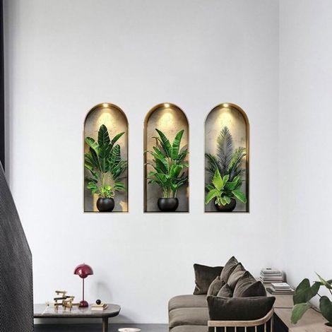 Adesivi murali 3D con piante in stile acquerello, adesivi murali con piante verdi in vaso, adesivi murali autoadesivi con viticci e foglie per la decorazione delle pareti (1/5)