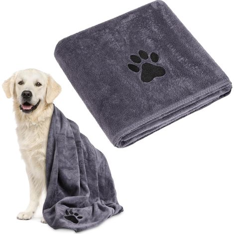 Toalla extra absorbente para perros, toalla grande de baño para perros de 140 x 70 cm, toallas de microfibra para perros, toallas suaves para el baño, la natación y los días de lluvia, color gris. (1/5)