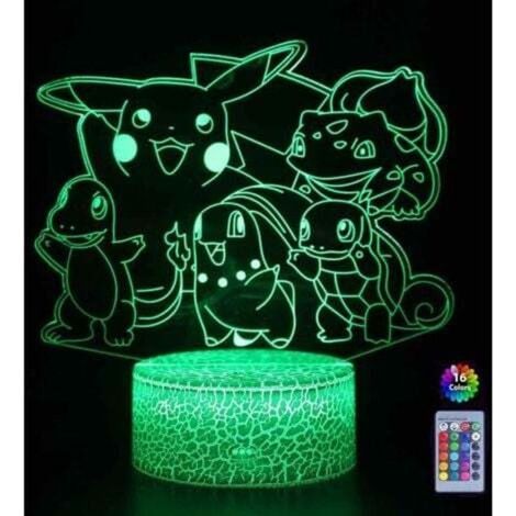 Veilleuse 3D Pikachu, lampe de nuit LED avec télécommande et touche, 16 couleurs changeantes, prise USB, lampe de chevet (1/4)