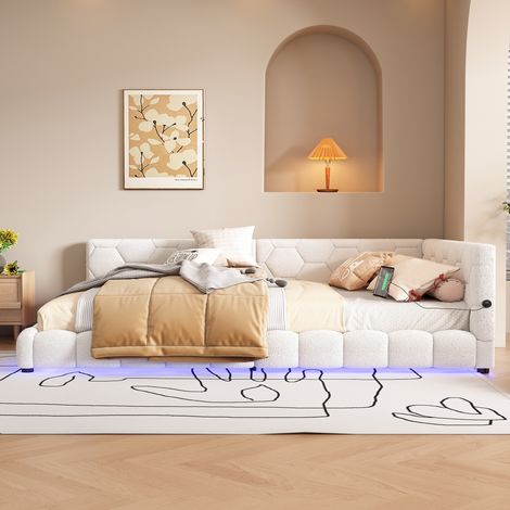 Canapé-lit - LED - 140x200 cm - USB/Type-C, charge 220 kg - MDF et tissu effet non-tissé - Blanc (1/5)
