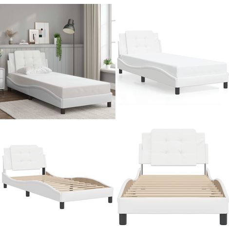 Bettgestell mit Kopfteil Weiß 90x200 cm Kunstleder - Bettsystem - Schlafzimmermöbel - Doppelbett - Weißer Rahmen - Kunstlederbettwäsche - Home & Living (1/5)