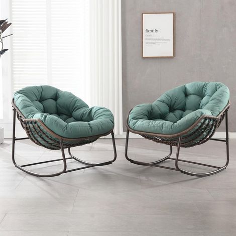 Schaukelstuhl-Set 2 Stück, Papasan Ei-Form, Indoor/Outdoor, Grün, Gepolstert (1/5)
