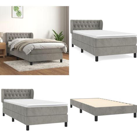 Cama box spring con colchón terciopelo gris claro 90x190 cm - Colchón de muelles - Cama con terciopelo