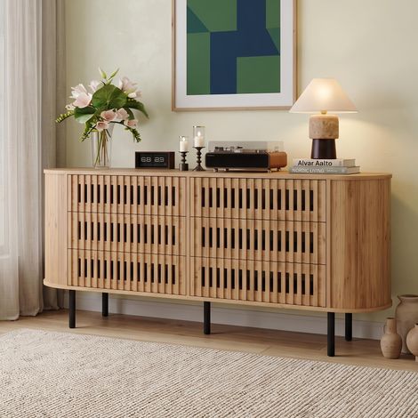 Buffet Naturel avec 6 Tiroirs Cannelés et Pieds Métal - Meuble de Rangement Pratique pour Salon et Entrée - Moderne Chic, 160x40x70 cm