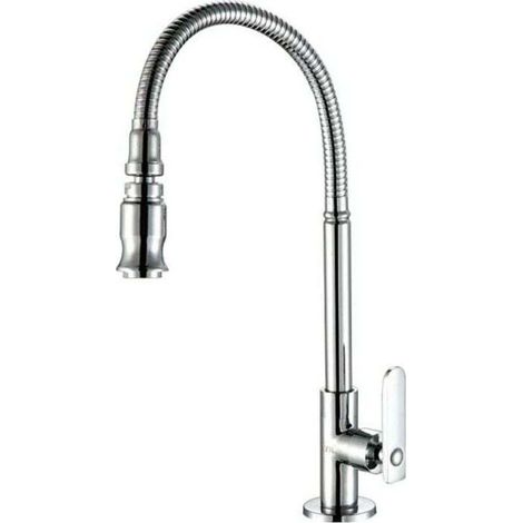 Robinet de cuisine et de jardin en acier inoxydable avec bec pivotant à 360 degrés et douchette extractible, XU, Pour évier, Buanderie, Eau froide uniquement, Finition chromée（Sans tuyau） - KZQ