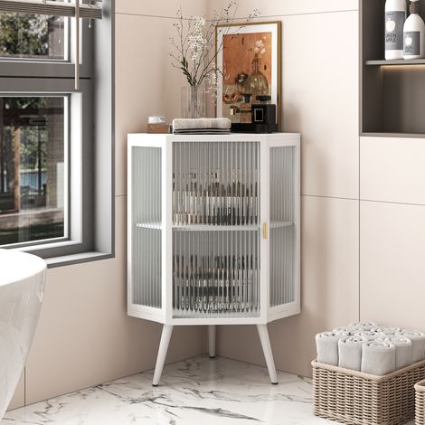 Meuble d’angle de rangement 80 cm en métal et verre trempé blanc, armoire colonne à 2 niveaux avec porte, étagères, pour salle de bains, salon ou chambre – CHICFURN (1/5)