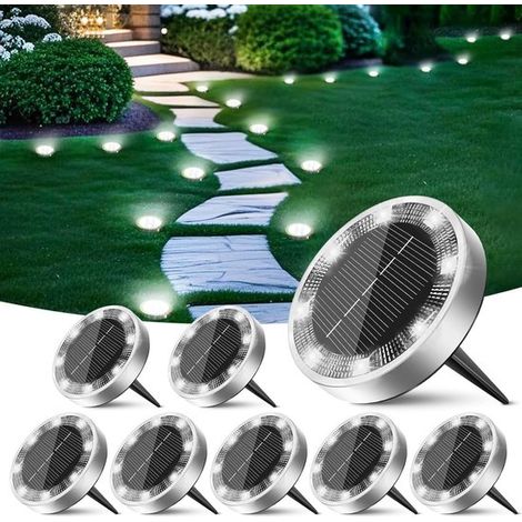 Juego de 8 luces solares para exteriores，con bombillas planas en forma de disco，ideales para iluminar paisajes a lo largo de caminos (1/5)