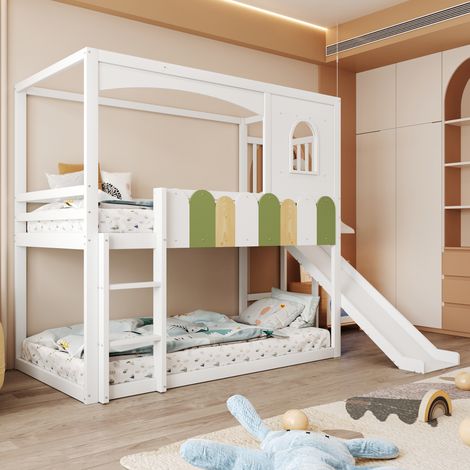 Lit superposé enfant 90x200 cm, structure maison avec fenêtres, rampe bicolore asymétrique, toboggan et échelle, blanc