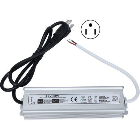 Alimentation étanche 60W 24V IP67 avec fiche US, convertisseur LED AC 100-265V, bloc d'alimentation extérieur étanche pour projecteurs et bande LED. (1/5)