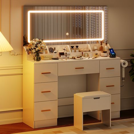 Coiffeuse avec miroir LED et tabouret, luminosité réglable, 3 couleurs, coiffeuse avec prise et grand miroir, 7 tiroirs et 4 plateaux de rangement, 38p x 116l x 138h cm, blanc