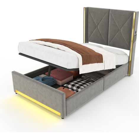 Lit coffre 90x200 cm en velours gris foncé, tête de lit haute capitonnée avec LED, USB Type-C, poches latérales et grand rangement sous le lit  CHICFURN (1/5)