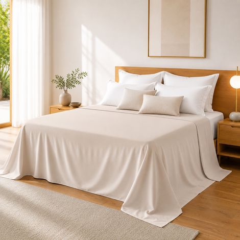 Drap Plat 240 x 300 cm Sable Satin de Coton Peigné 120 Fils/cm² - Qualité Hôtelière Premium (1/4)
