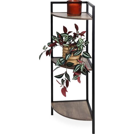 Eckregal schwarz mit 3 Ablagen aus Holz - 76 x 23 cm - Metall Standregal mit 3 Holzfächern