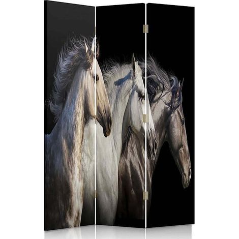 Paravent élégant motif trois chevaux pour intérieur chic - 110 x 180 cm - 1 face déco, 1 face noir (1/5)