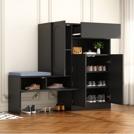 Zapatero de aglomerado negro con banco, 2 puertas, 2 baldas regulables y cierre suave, 130x35x110 cm (1/5)