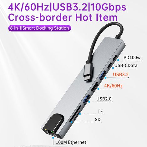 Station d'accueil/hub USB-C 8 en 1, HDMI 4K 60 Hz, charge PD 100 W, lecteur de cartes SD/TF pour ordinateur portable. (1/2)