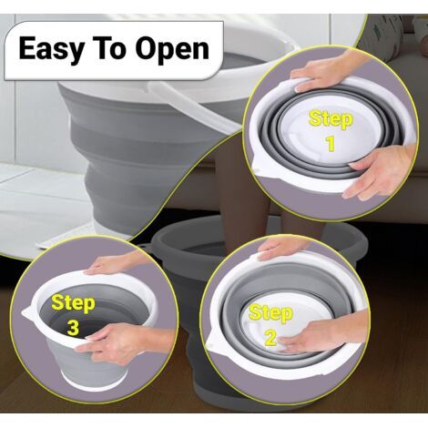Seau pliable en silicone - Seau de 10 L avec poignée - Seau pliable multifonctionnel adapté au camping, à la lessive, au nettoyage des vitres et aux activités de plein air (gris) (1/3)