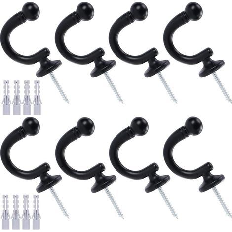 Ensemble de 8 embrasses de rideaux à tête ronde, crochets muraux pour rideaux, embrasses pour vêtements, manteaux, chapeaux, serviettes (noir) (1/5)