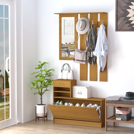 Marron - Hall d’entrée avec porte-manteaux miroir et porte-chaussures Meuble de couloir en deux pièces avec 6 crochets Étagères et tiroir