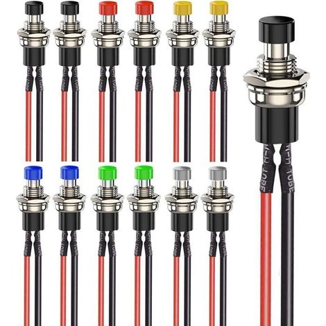 12 interrupteurs à bouton-poussoir momentanés précâblés de 7 mm, 3 V, 6 V, 12 V, 24 V, 230 V/1 A, normalement ouverts, SPST, marche/arrêt, bouton rond à 2 broches pour modélisme ferroviaire. (1/4)