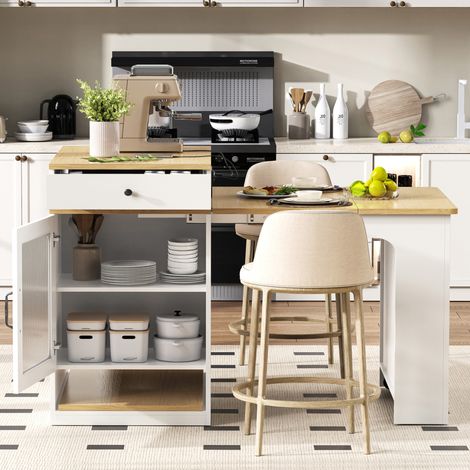 Mesa isla de cocina extensible, 80x71111151x92 cm, con enchufes, almacenaje, MDF y vidrio, blanco y natural (1/5)