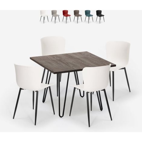 Ensemble Table 80x80cm Carrée et 4 Chaises Style Industriel Métal Claw Dark - Blanc (1/5)