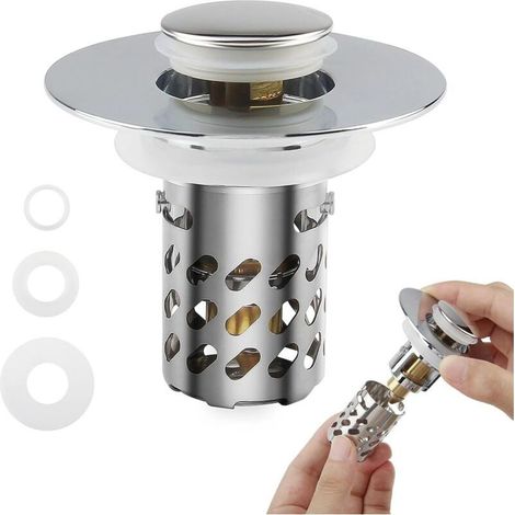 Bouchon Lavabo Salle de Bain Pop-Up 3 en 1 Universel Inoxydable Bonde Lavabo avec Filtre pour Lavabo (Orifice de Vidange 25-40mm) Baignoire Cuisine Bain (1/4)