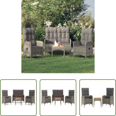 Gartenstuhl - 4-tlg. Garten-Essgruppe mit Kissen Grau Poly Rattan (1/5)