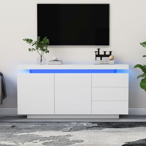 Aparador 140x35x72,5 cm en paneles de madera blanca con LED moderno FloraGrace (1/5)