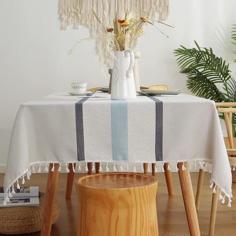 Fleckenabweisende Tischdecke aus Leinen und Baumwolle mit Pomponstickerei, ideal für Couchtische, Picknicks, Küchen und Bürodekoration. (1/5)