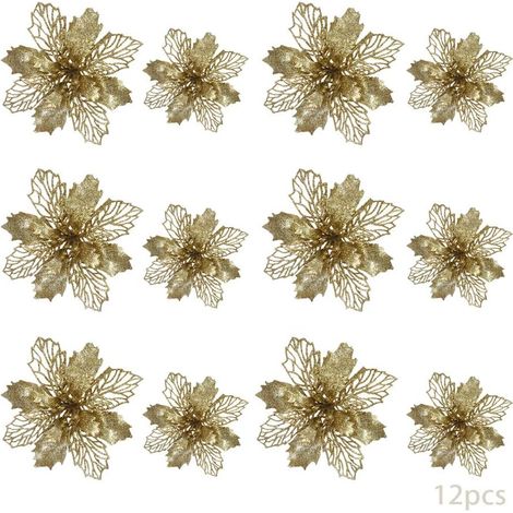 Fleur Artificielle De Noël - Fleur De Poinsettia - Décoration Arbre De Noël - 12 Pièces Or (1/5)